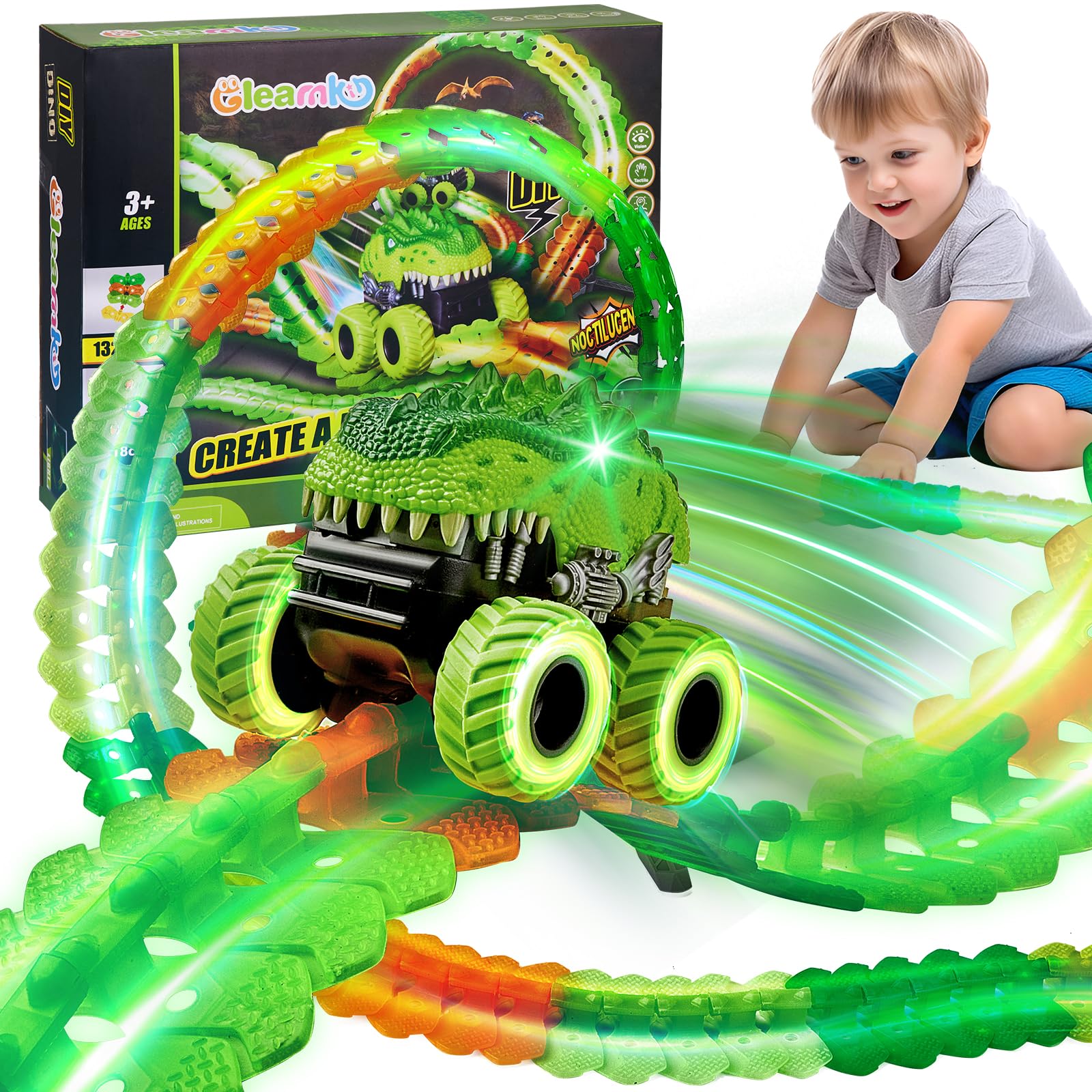 Photo 1 of Magic Car Track Set, 154PCS Glow Race Track, Flexible Race Car Tracks, Dinosaur Train Set Glow in The Dark, Race Tracks for Kids Ages 3-8, Toddlers Birthday Gifts, for Kids