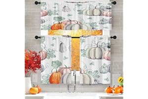 Culudea Watercolor Pumpkins Fall Green Kitchen Curtains Thanksgiving Halloween Autumn Window Curtains Valance and Tier Set 36 Inch Rod Pocket Short Tier Curtain for Room, Cafe Kitchen Decor