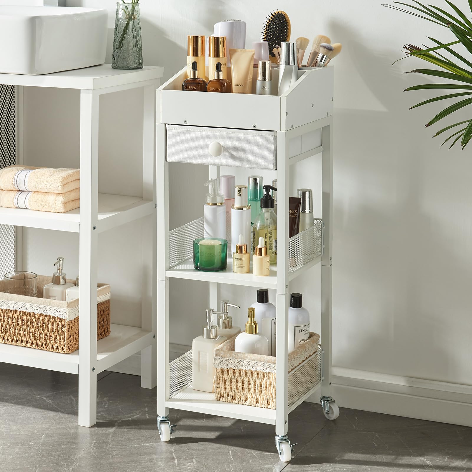 Photo 1 of HUSHEDIFY Makeup Organizer Cart,3 Tier Floor Make up Storage Stand with Drawer, Free Standing Skincare Cosmetic Display Holder with Wheels for Vanity Bedroom Dresser Bathroom(White)