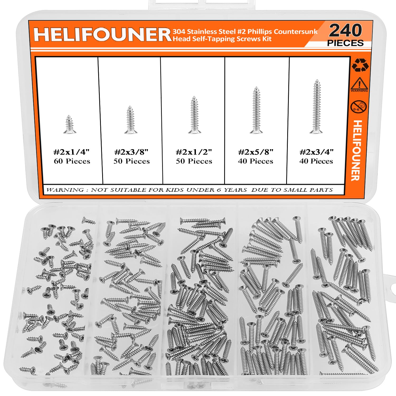 Photo 1 of #2 x 1/4" 3/8" 1/2" 5/8" 3/4" Wood Screws Set, HELIFOUNER 240 Pieces Phillips Countersunk Head Self-Tapping Screws Assortment Kit, Phillips Flat Head Wood Screws, 304 Stainless Steel