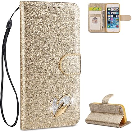 iPhone 5 Hülle Leder,iPhone 5S Handyhülle Gold,FNBK Glitzer Liebe Herz Diamond Ledertasche Schutzhülle Wallet Flip Case Tasch