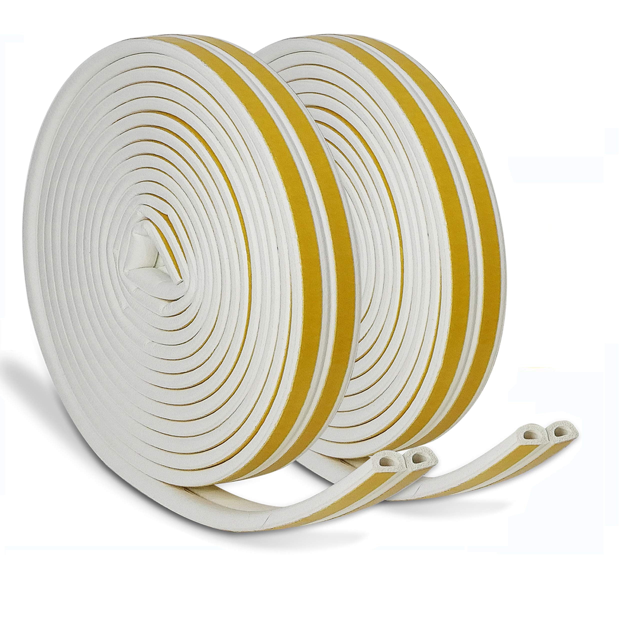 JEMESI Window Draught Excluder Tape D Type Self-Adhesive Waterproof Excluder Strip Foam Seal Soundproofing Avoidance Rubber Weatherstrip 9mm(W) x 6mm(T) X 5 Meters, 4 Seals Total 20M（White