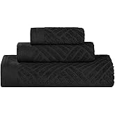 Superior Basketweave Egyptian Cotton 3 Piece Towel Set, Highly Absorbent, Shower, Spa Basics, Home Essentials, Jacquard Towels, Includes; 1 Bath Towel, 1 Hand Towel, 1 Face Towel, Black