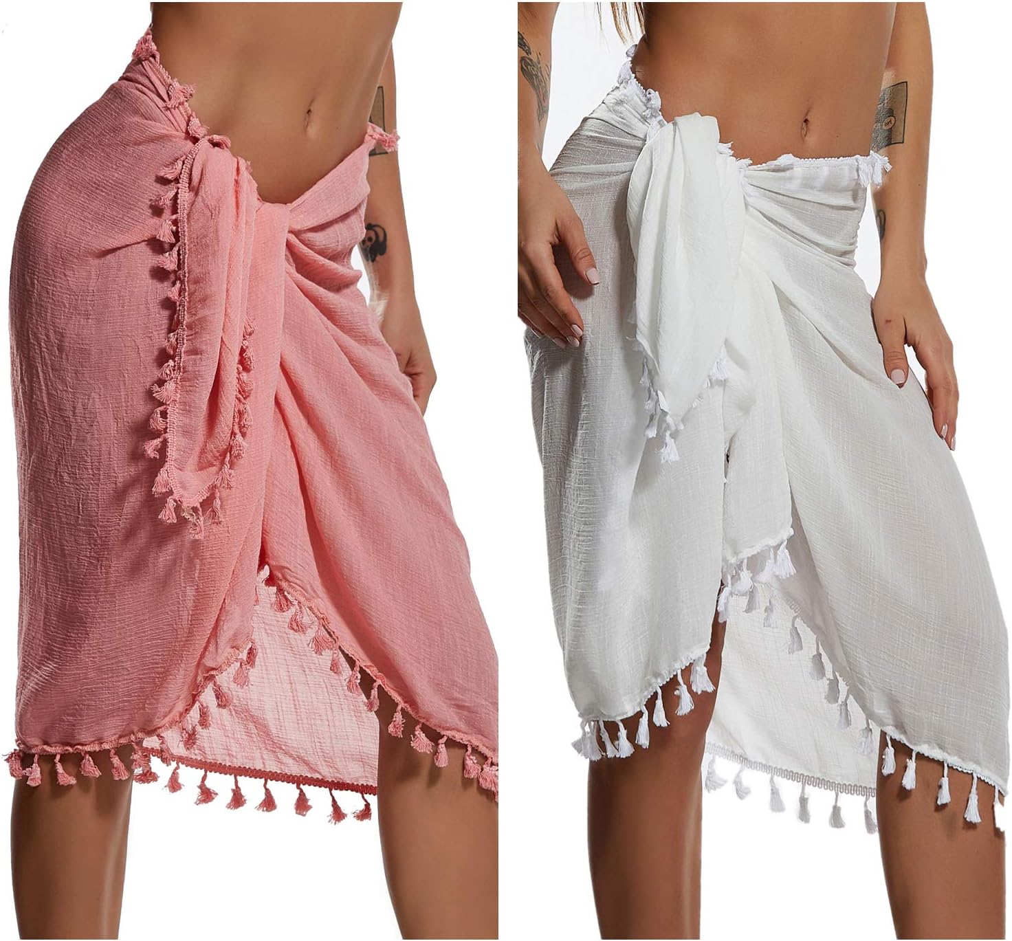 Eicolorte Beach Sarong Pareo Womens Semi-Sheer Swimwear Cover Ups Short Skirt with Tassels