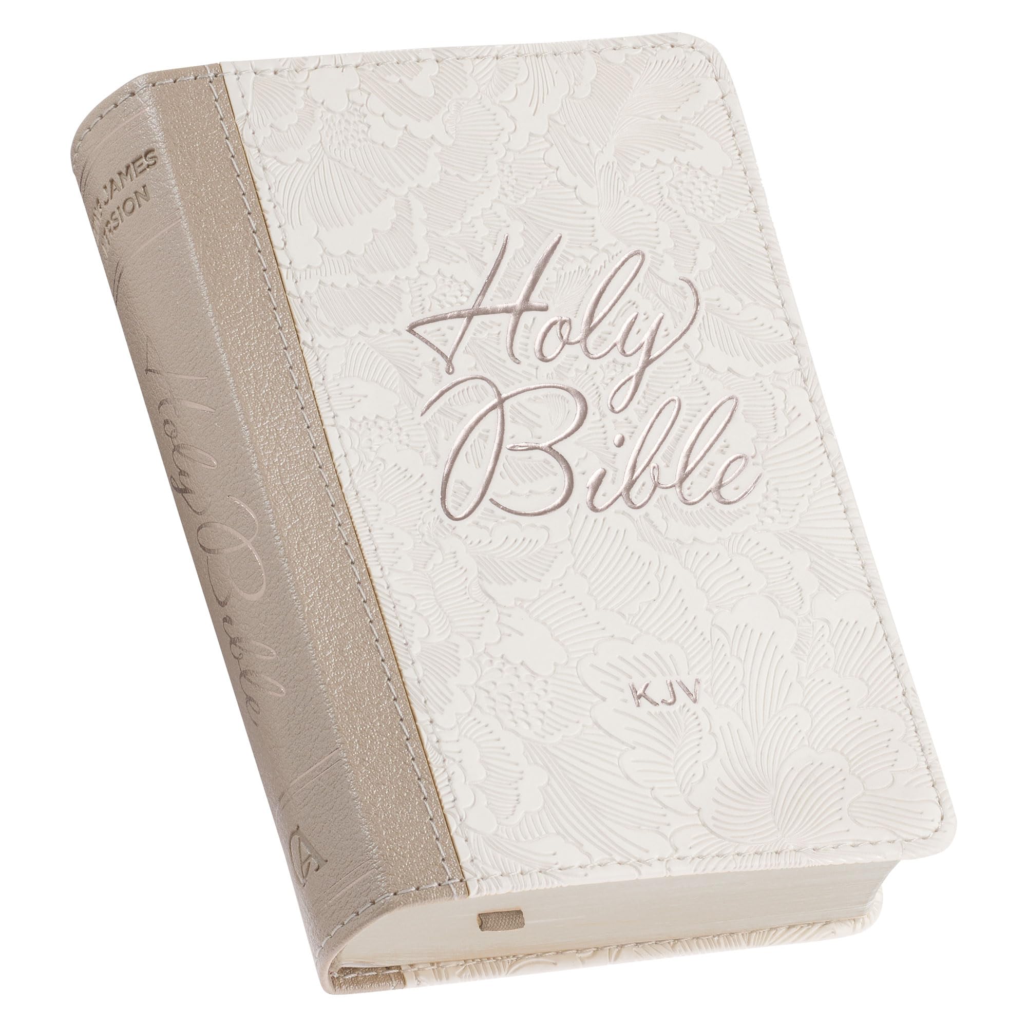 KJV Holy Bible, Mini Pocket Size, Red Letter Edition, Reading Plan, Thematic Verse Finder, Ribbon Bookmark, King James Version, Vegan Leather, Pearlized White, 5.6