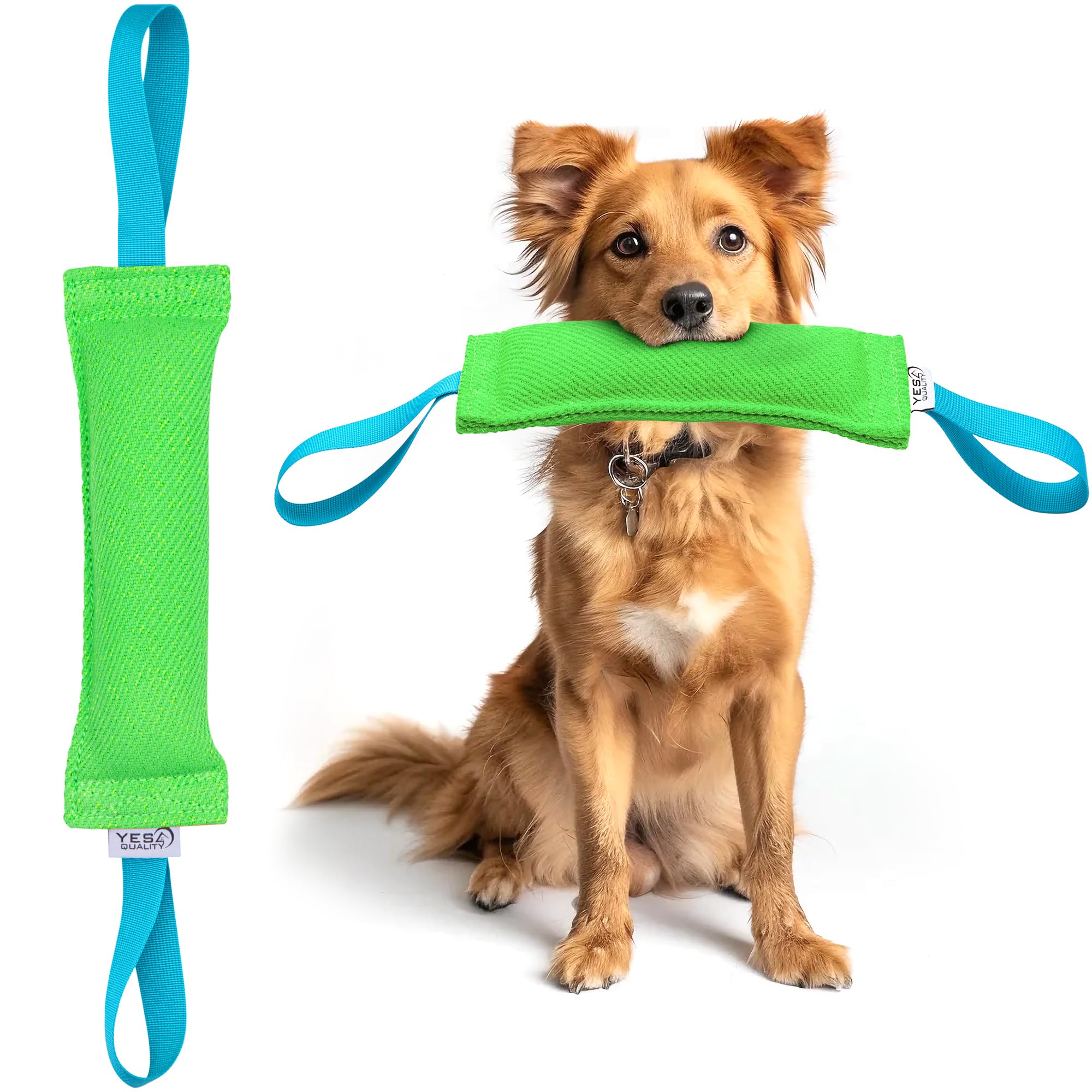 YES4QUALITY Dog Bite Tug Toy - 30x9cm, Green - Durable Pull Toy with 2 Strong Handles - Tough Nylon Bite Pillow for Small to Medium Dogs - Ideal for Tug of War, Fetch, K9, Puppy Training & Play