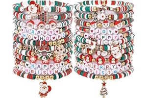 Taouzi Christmas Bracelets for Women Bulk Christmas Jewelry Set Handmade Clay Beads Stretch Surfer Heishi Bracelets Xmas Friendship Jewelry Xmas Gifts for Women