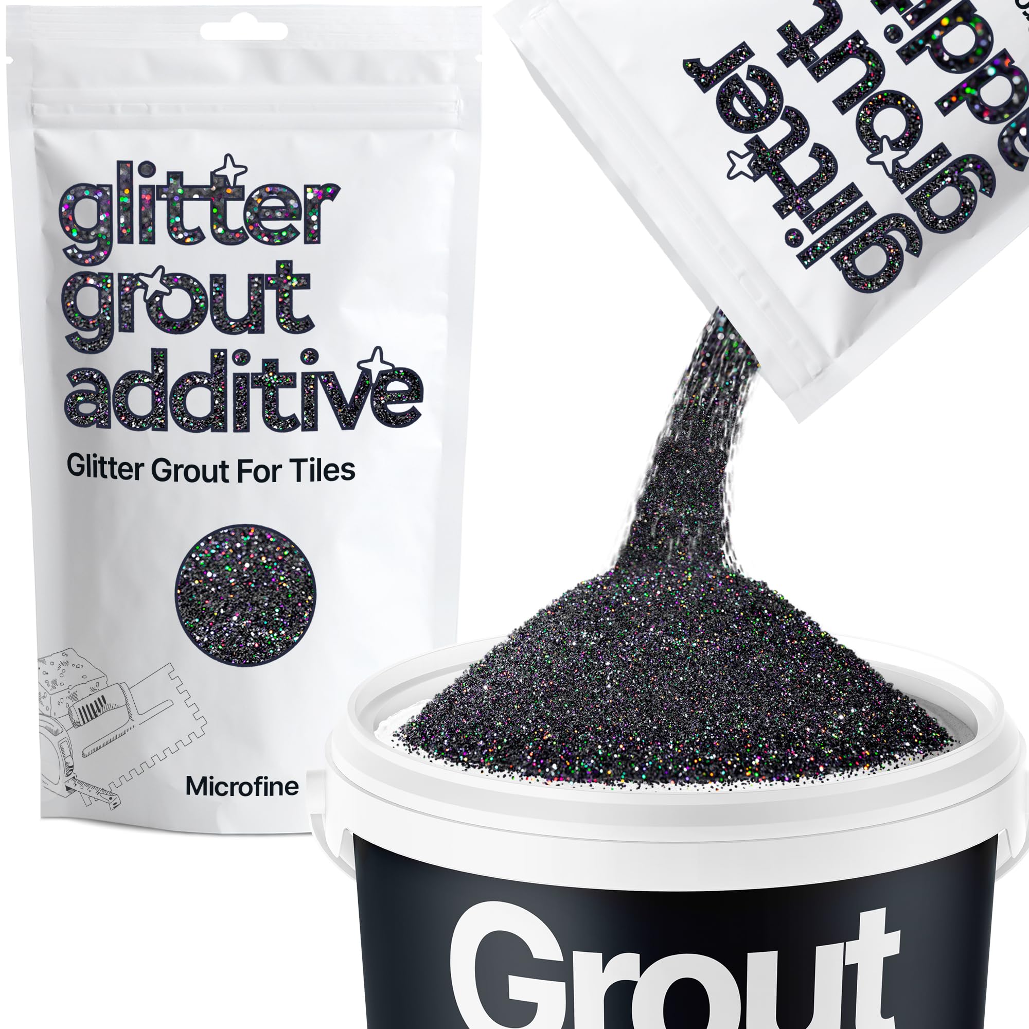 Hemway Black Holographic Glitter Grout Additive Microfine 100g Metallic Flakes for Adding Sparkle to Kitchen & Bathroom Tiles | Enhance Your Indoor Grouting Projects with a Durable Sparkly Effect