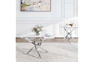 AF ARTISAN FURNITURE Round Glass Coffee Table Set of 2 Modern Living Room Table Set Coffee & End Side Tables Set with Stainless Steel Legs, Clear Center Cocktail Tables (Silver, Set of 2 Round)