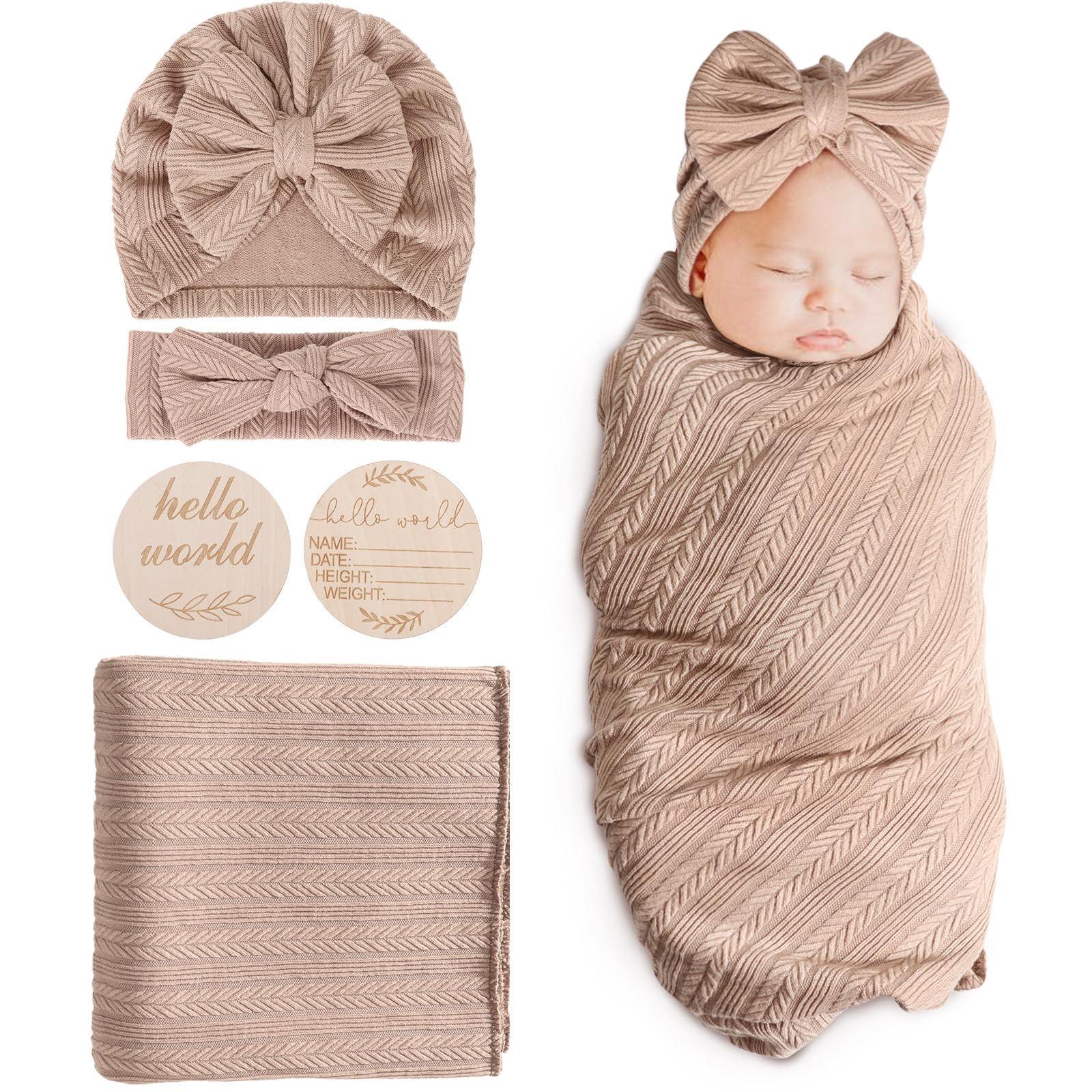 DRESHOW Newborn Baby Blanket Soft Swaddle Blankets for Infant Swaddling Receiving Warm Wraps with Bow Hat Headband