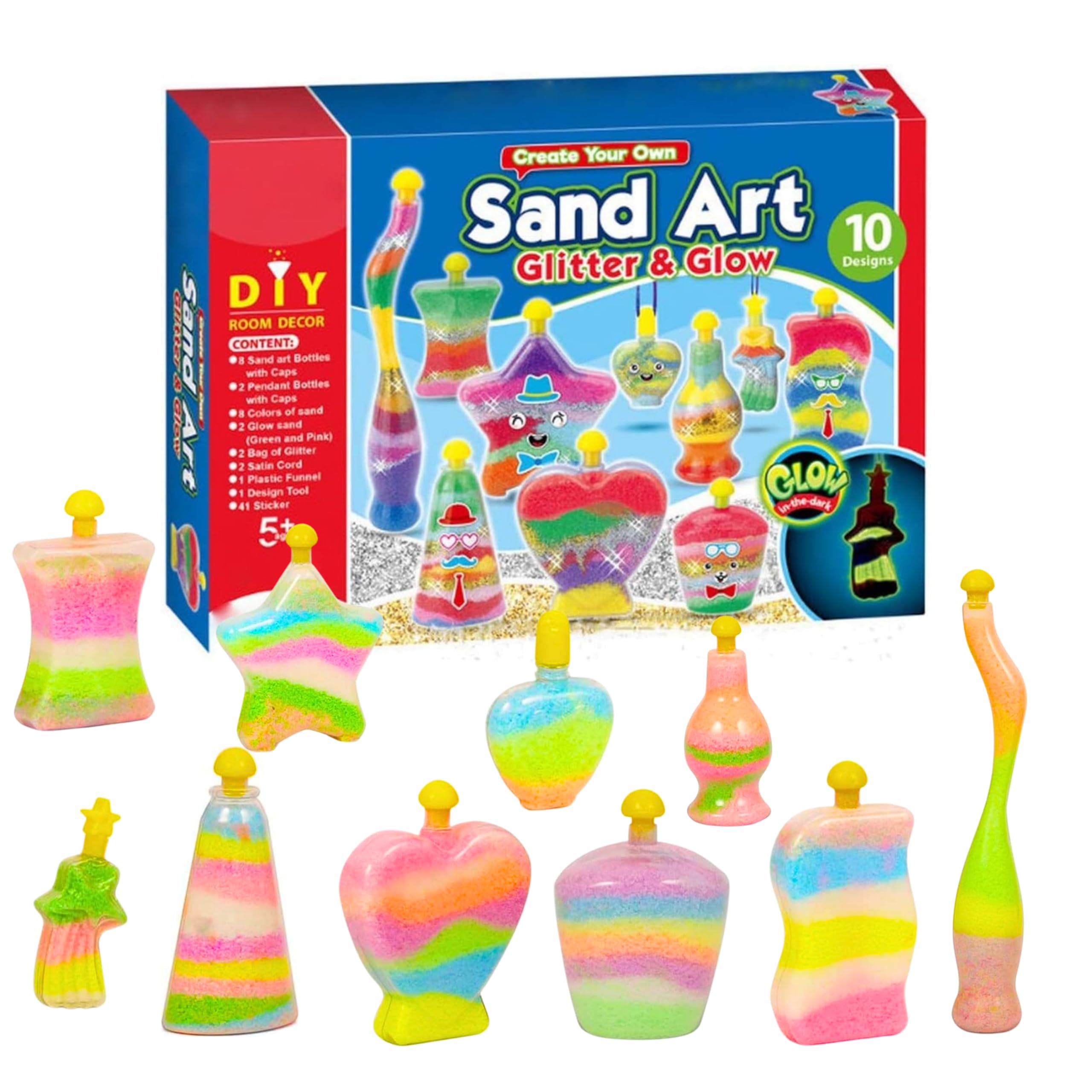 ADEPTNA DIY 10 PC Sand Art Glitter and Glow Kit for Kids Toddlers – Create Your Own Creative Craft DIY with Assorted Shape Bottles and Pendant Decorative Glitters Sand Activity