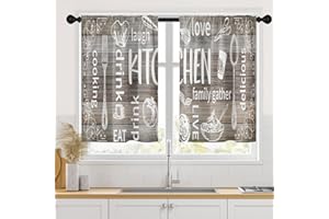 Arttown Farmhouse Kitchen Curtains 36 Inch Length Country Brown Wooden Window Curtains Over Sink Set of 2, White Kitchen Doodle Short Tier Curtain for Kitchen, Rustic Vintage Small Kitchen Decor