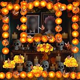 Day of The Dead Decorations for Dia de Los Muertos Diwali Indian Altar | 56Pcs Includes 2Pcs 8ft Lighted Marigold Garland 30Pcs Artificial Marigold Flowers with Stem and 24Pcs Butterfly