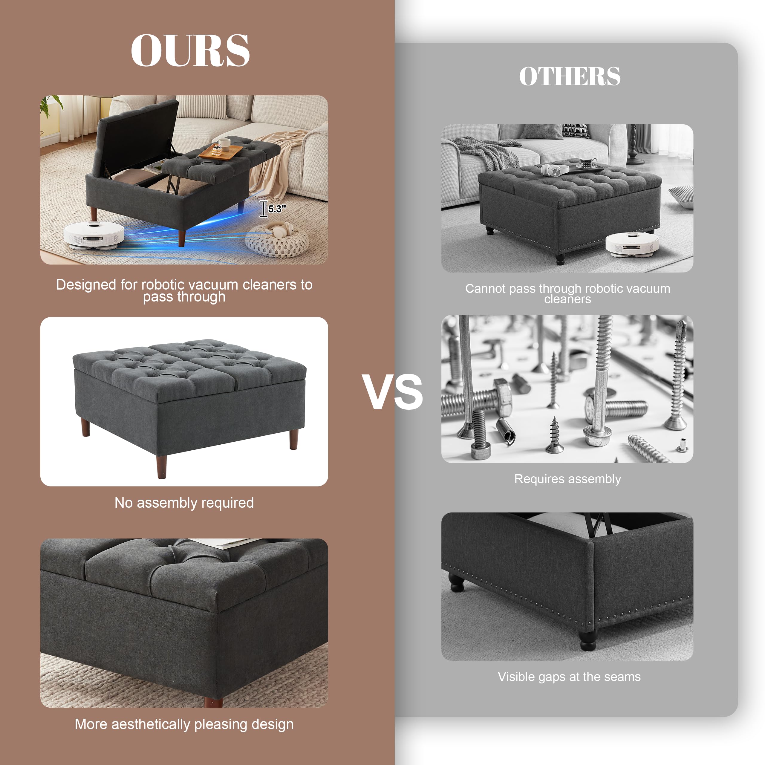 Weture 35 Inch Extra Large Storage Ottoman Coffee Table No Assembly Required, Oversized Square Ottoman with Storage, Tufted Upholstered Ottoman Coffee Tables for Living Room (Fabric, Dark Grey) - Image 6