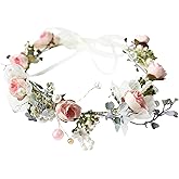 Vivivalue Pearl Flower Crown Floral Garland Headband Flower Halo Headpiece Hair Wreath Boho with Ribbon Party Wedding Festival Photos Pink