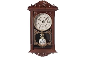 Clockswise Vintage Grandfather-Style Wall Clock with Wood-Effect Plastic Pendulum Battery-Operated for Home Decor Living Room Home Office Kitchen or Dining Room White, 16 Inch (Brown, 16 Inch)