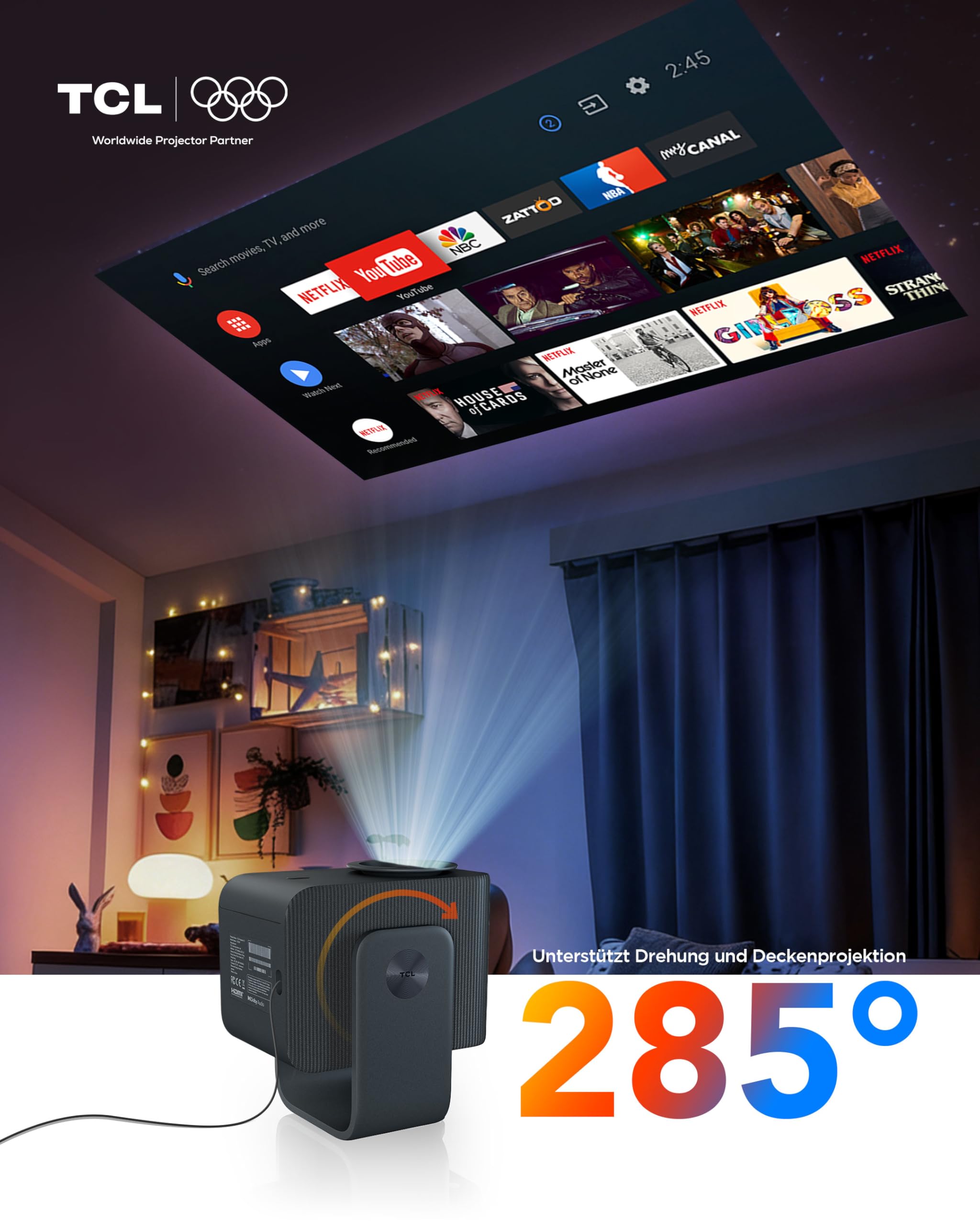 TCL C1 Smart Mini Beamer, Integriertes Offizielles Google TV/Netflix/APV, Projektor 4K 1080p, Autofokus & 6D Keystone, Dolby 8W, WLAN, Bluetooth, 285° Drehbar für Handy, Heimkino, Deckenprojektion 5