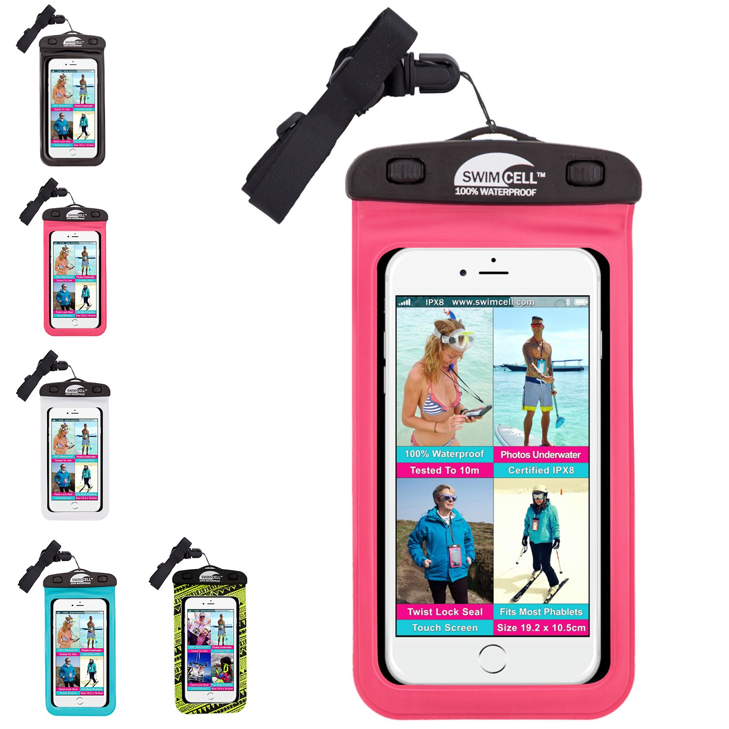 SwimCell Waterproof Phone Case For Swimming - Fits ALL LARGE Size Mobile Phones 10.5x18.5cm - Ideal for iPhone, Samsung and Android - Waterproof Phone Pouch - IPX8 Certified - Pink, Large