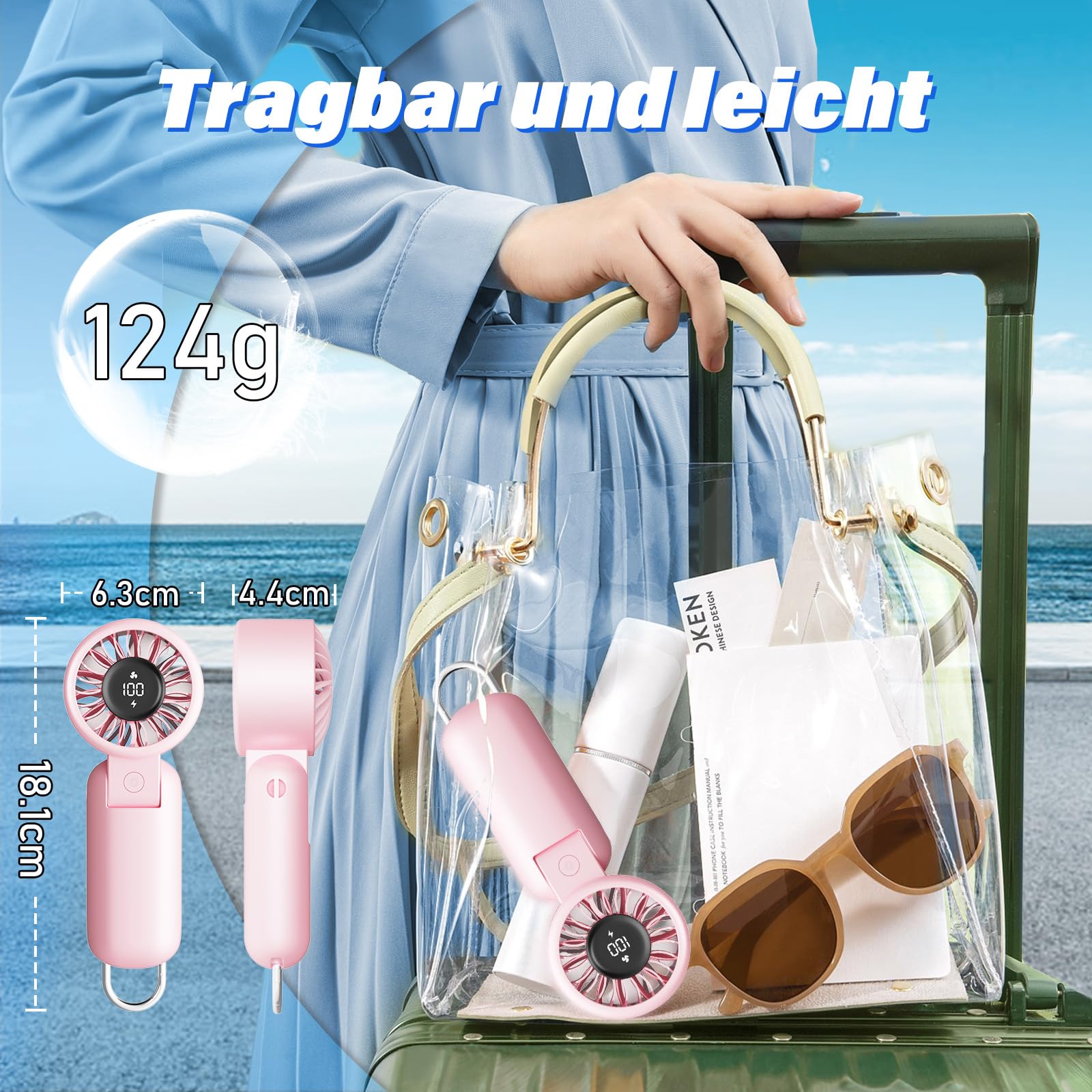 Portable HandHeld Turbo Fan - Foldable Personal Fan with LED Display, 5 Speeds, Lanyard, USB Rechargeable, Strong Airflow, Mini Pocket Fans Gifts for Women/Men, Travel, Vacation, Concerts, Lash, Beach
