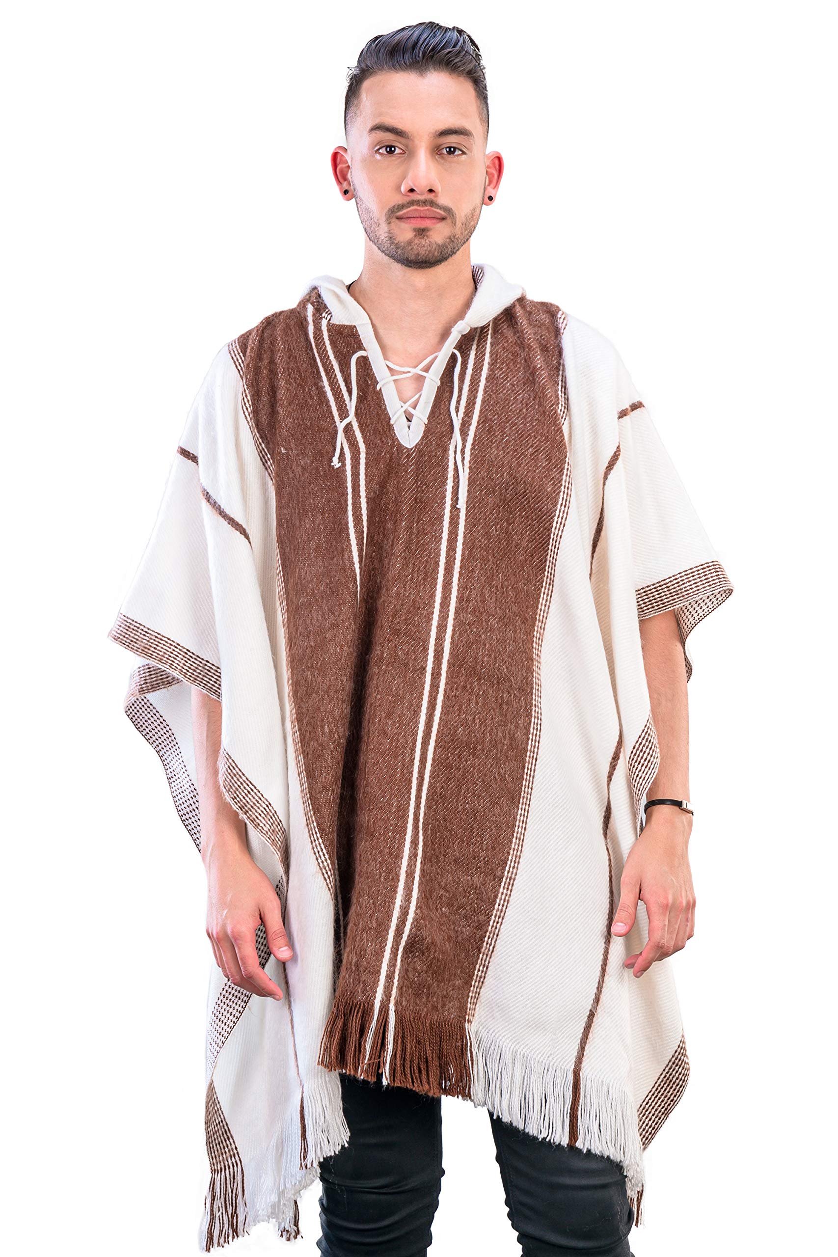 INTI ALPACA Hodded Poncho for Men - Black and White Alpaca Wool - Cape for Winter