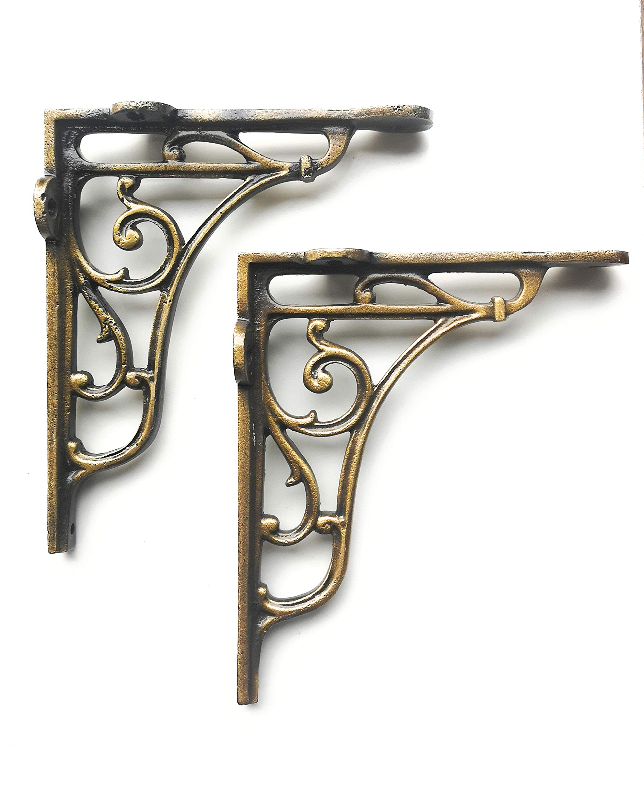 Classic Victorian Scroll Shelf Brackets - Pair in Antique Brass 7x7.5''