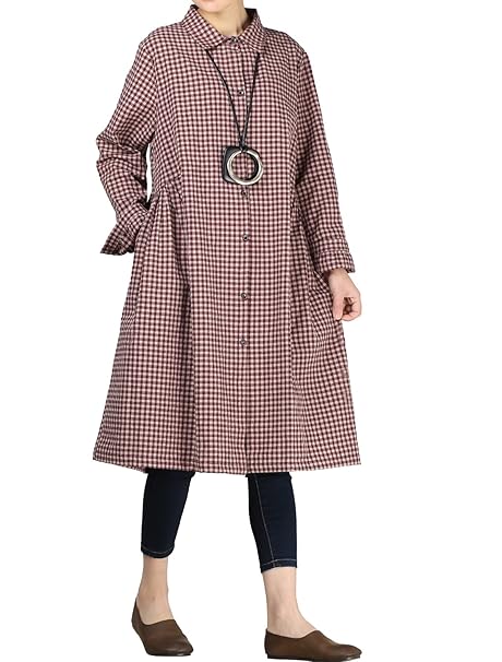 Vogstyle Damen Neu Kariertes Langarm Kleider Shirt Dress