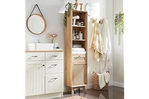 OKD Natural Rattan Linen Cabinet, 68" Tall Modern Boho Bathroom Towel Storage Cabinet with Adjustable Shelves and Storage Drawer for Bathroom, Dining Room, Kitchen (Natural Oak)