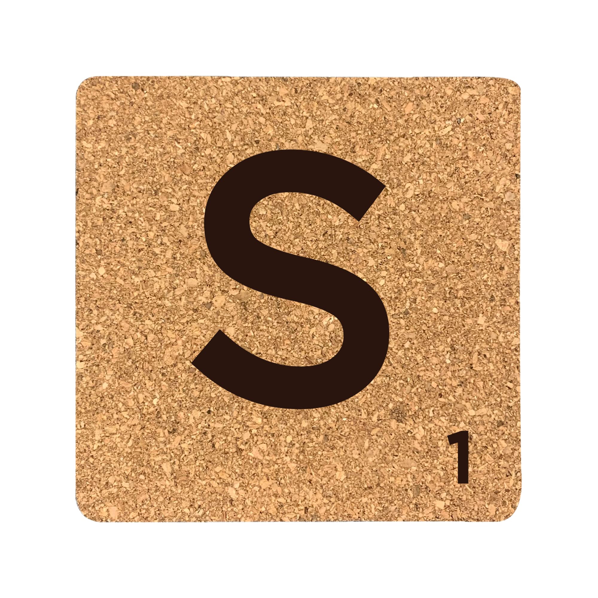 eBuyGB Scrabble Drinks Coasters, Square Cork Coaster, Individual Alphabet Letters, Scrabble Tiles with Score Marks - Personalise Your Own Scrabble Words (S)