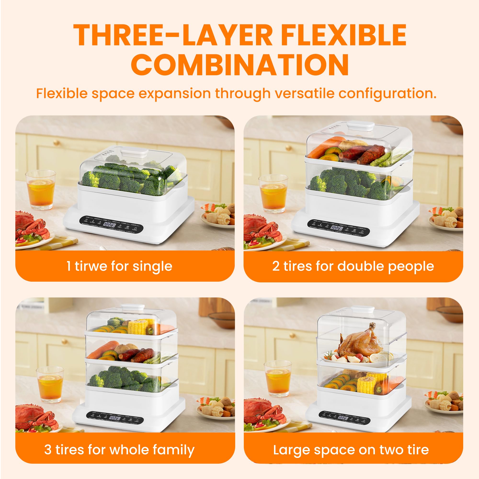 Pukomc Food Steamer 3 Tier 16QT Electric Vegetable Steamer With Appointment and Timer Multifunctional Digital Steamer For Fast Simultaneous Cooking (800W)