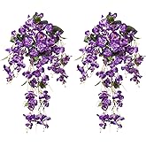Fake Hibiscus Artificial Hanging Flowers Plants for Outdoors Spring Decoration, 2pcs Silk Hibiscus Vines Realistic UV Resistant Purple Faux Flowers for Outside Planter Porch Patio Yard Wedding Party