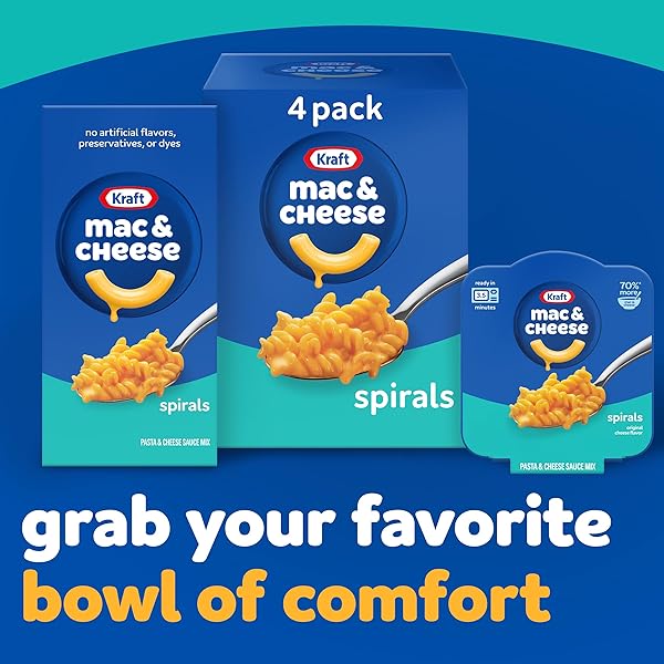 KRAFT SPIRALS MAC AND CHEESE, 4 BOXES, FOR EASY DINNER OR DINNER SIDES, ORIGINAL FLAVOR, NO ARTIFICIAL FLAVORS, PRESERVATIVES OR DYES, 5.5 OZ