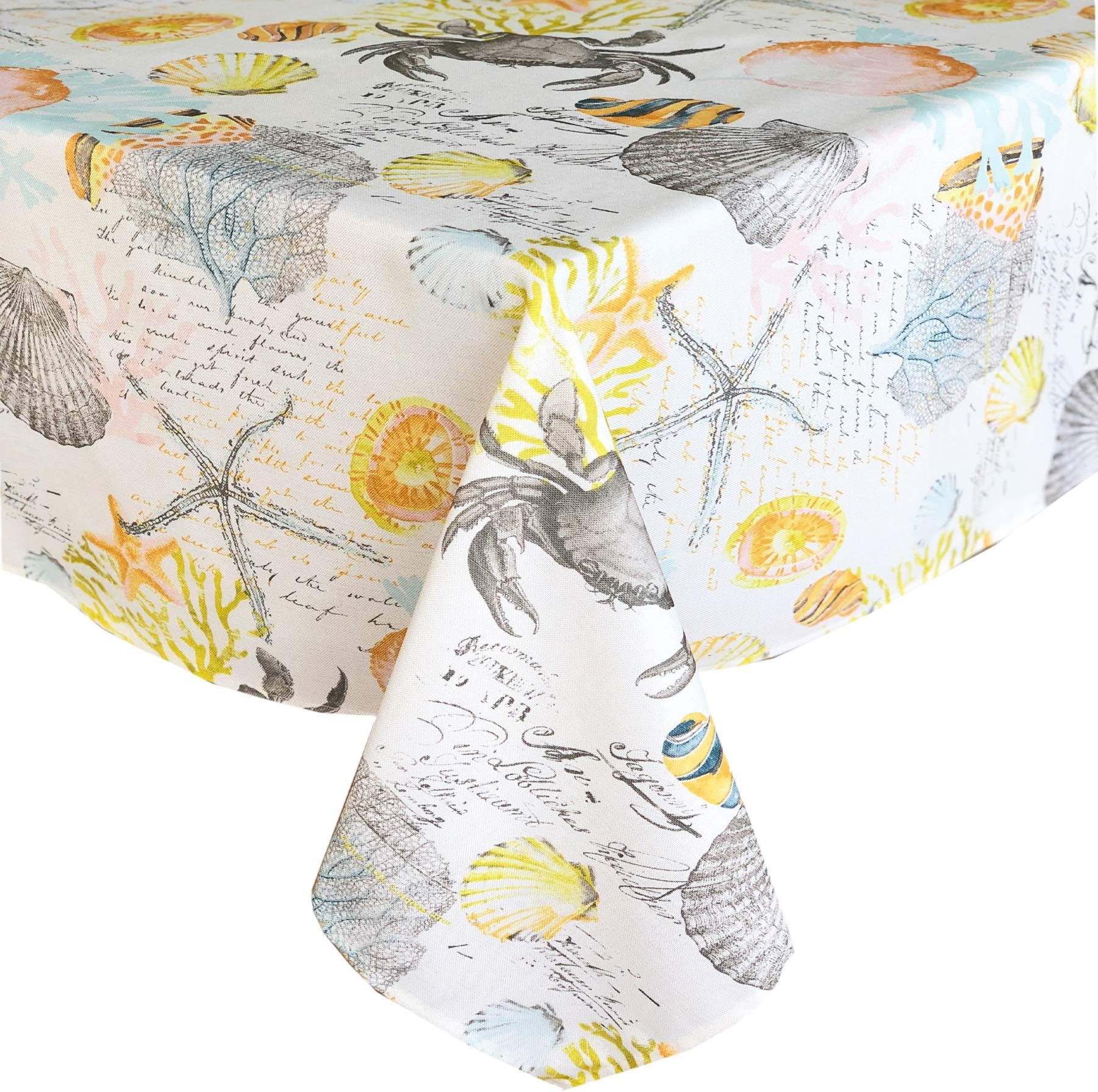 Newbridge Coastal Bay Seashell Indoor/Outdoor Fabric Tablecloth - Sea Life, Coral and Shell Print Soil Resistant, Water Repellent Fabric Tablecloth, 60 Inch X 120 Inch Oblong/Rectangular