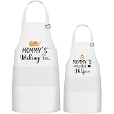 GROBRO7 2Pcs Kids Adult Apron Set Gift for Mother and Child, White Mommy's Baking Little Helper Pattern Adjustable Kitchen Aprons with 2 Pockets Waterproof Smocks for Baking Cooking Painting Training