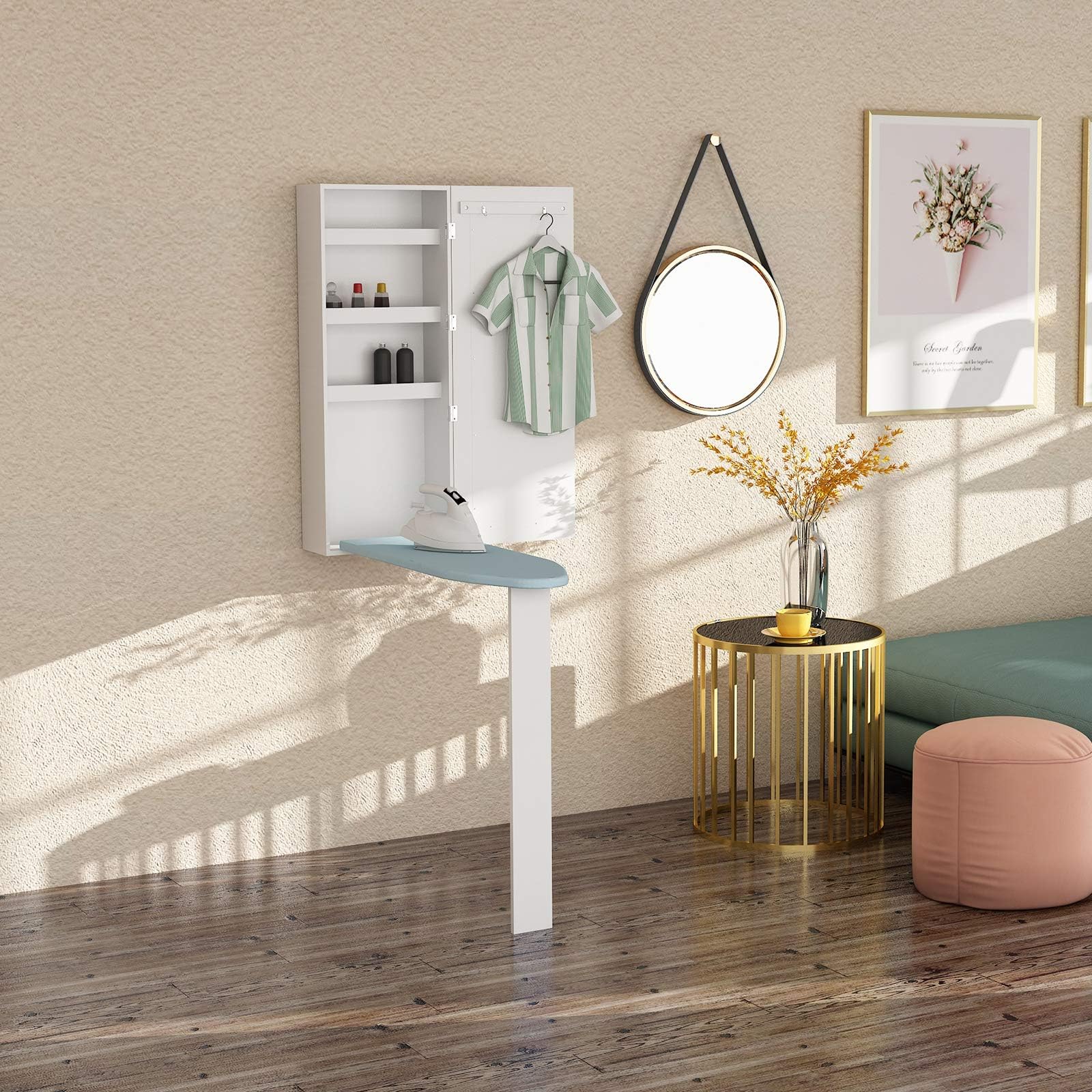 YOSIYO Ironing Board Cabinet,MDF and Wooden Wall Mounted Storage Cabinet Foldable with Mirror,37.5 x 14 x 7 inches Ironing Cabinet White from US Warehouse