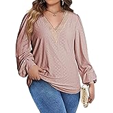 Eytino Womens Plus Size Tops Lantern Long Sleeve Lace V Neck Dressy Casual Blouse Loose Tunic Shirts(1X-5X)