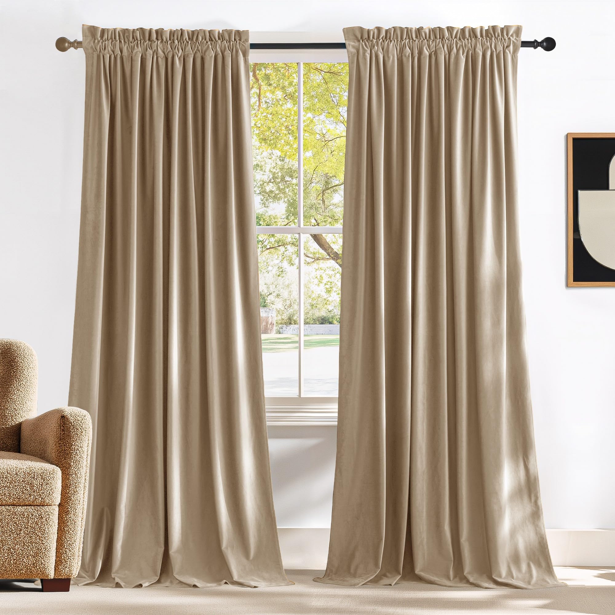 Photo 1 of NICETOWN Beige Velvet Curtains 144" Length for Bedroom Living Room, Room Darkening Room Divider Drapes Thermal Insulated, Luxury and Thick Window Velvet Curtains, 52" Wide, 2 PCs