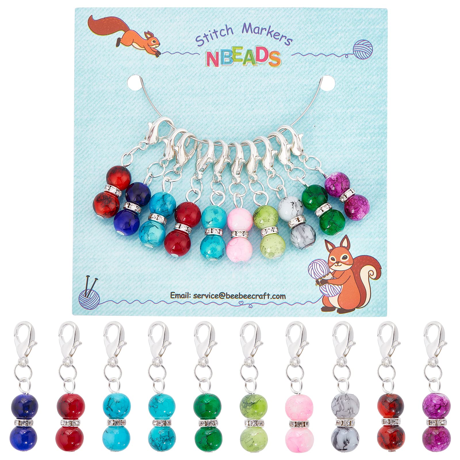 NBEADS 10 Pcs Glass Bead Stitch Markers, Alloy Enamel Crochet Stitch Marker Charms Locking Stitch Marker for Knitting Weaving Sewing Accessories Quilting Jewelry Making — image 1