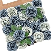Ling's moment Artificial Flowers 25Pcs Dusty Blue & Navy Roses Decor w/Stems,3" Real Touch DIY Foam Floral for Wedding Bouquet/Centerpieces, Outdoors Party Backdrop, Room/Table, and Garden/Pot Decor