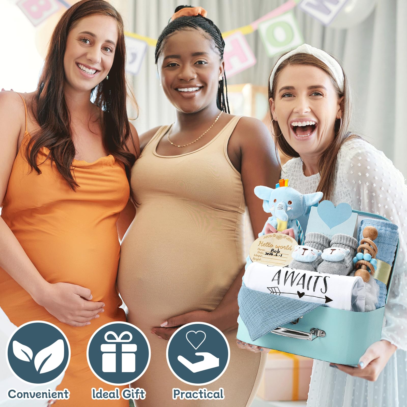 Baby Gift Set Baby Shower Gifts Basket for Newborns New Born Baby Boy Gift Set Blue Baby Gift Basket with Baby Rattle Muslin Towel Security Blanket Gender Reveal Gifts for Baby Girls Boys