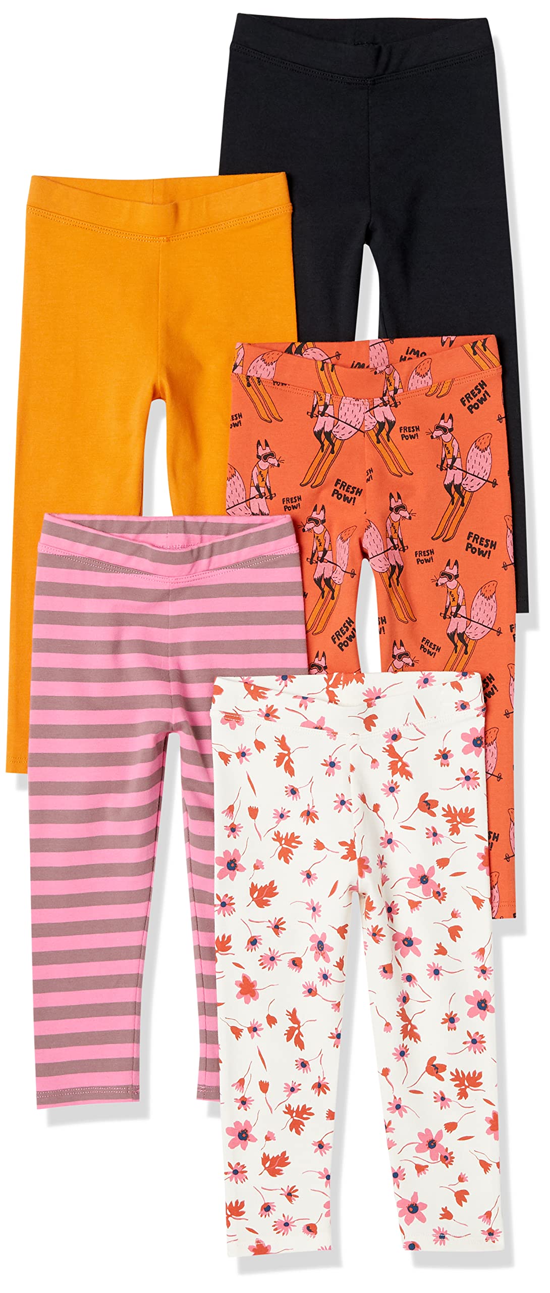 Photo 1 of Amazon Essentials Girls' Leggings, Pack of 2, Black/Mustard Yellow/Pink Stripe/Skiing Foxes/White Floral, Medium