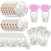 141Pcs Wildflower Party Decorations Garden Floral Themed Birthday Party Supplies with Plates Napkins Cups Knives Forks Straw Tablecloth Set for 20 Guests