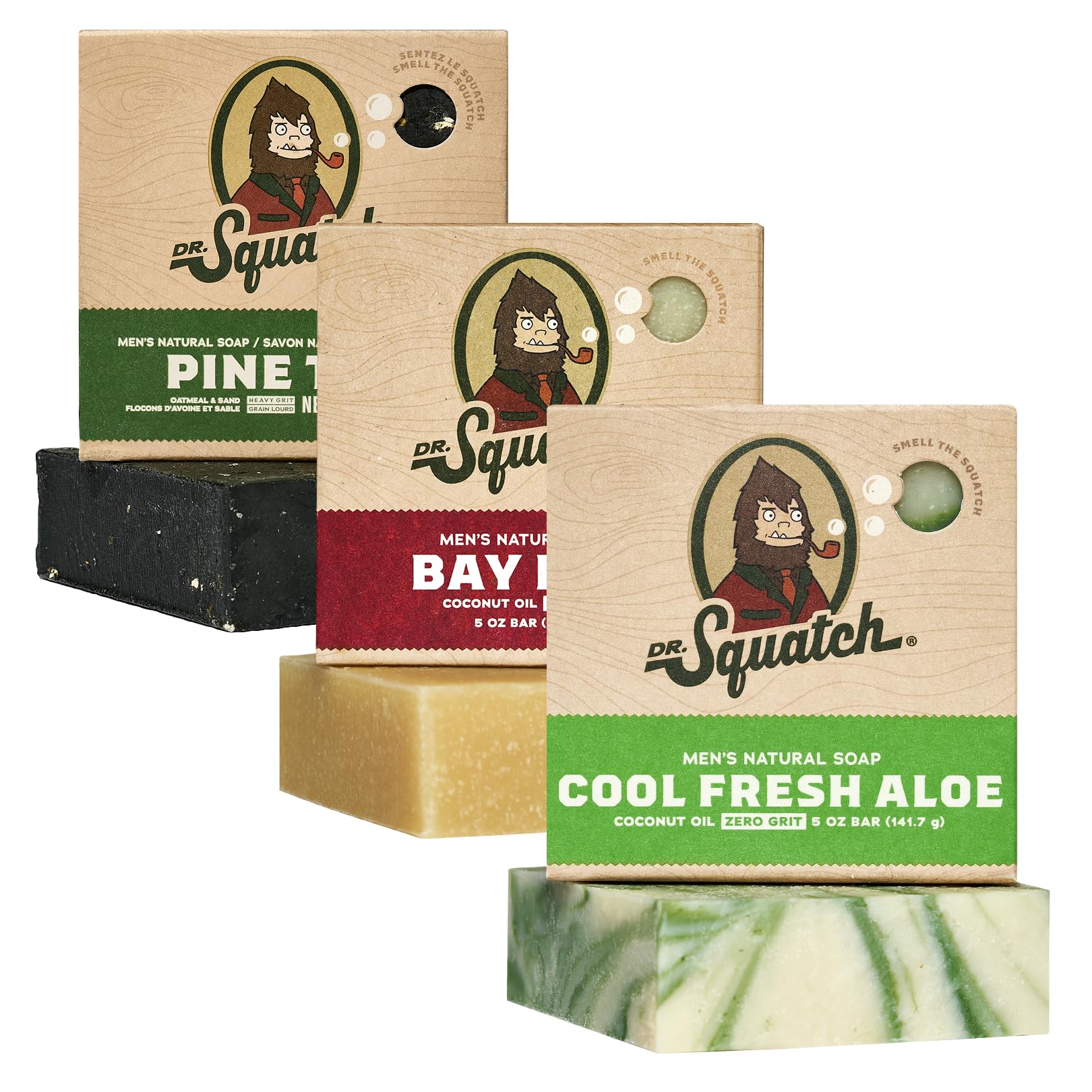 Dr. Squatch Natural Men’s Bar Soap - Cold Process Body Soap Bar with Natural Oils - Gifts for Men - Bay Rum, Cool Fresh Aloe & Pine Tar (142g, 3 pack)