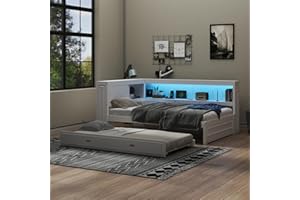 Full Size Wood Daybed with Storage Shelves, Double Bed Frame with USB, LED, 86.2''L x 65.7''W x 37.7''H, Day Bed Frame, bunk 