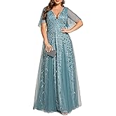 Ever-Pretty Women's Plus Size Sequin Embroidered Formal Evening Gown V-Neck Sheer Short Sleeve A-Line Mother of Biride Dress