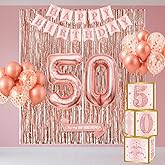 50th Birthday Decorations for Women - Rose Gold Confetti 50 Foil Balloons Happy Birthday Banner Boxes Foil Fringe Curtains, Pink Sash for Women Party Supplies
