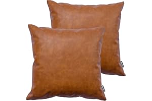 HOMFINER Faux Leather Throw Pillow Covers, 18 x 18 inch Set of 2 Thick Cognac Brown Modern Solid Decorative Square Bedroom Living Room Cushion Cases for Couch Bed Sofa