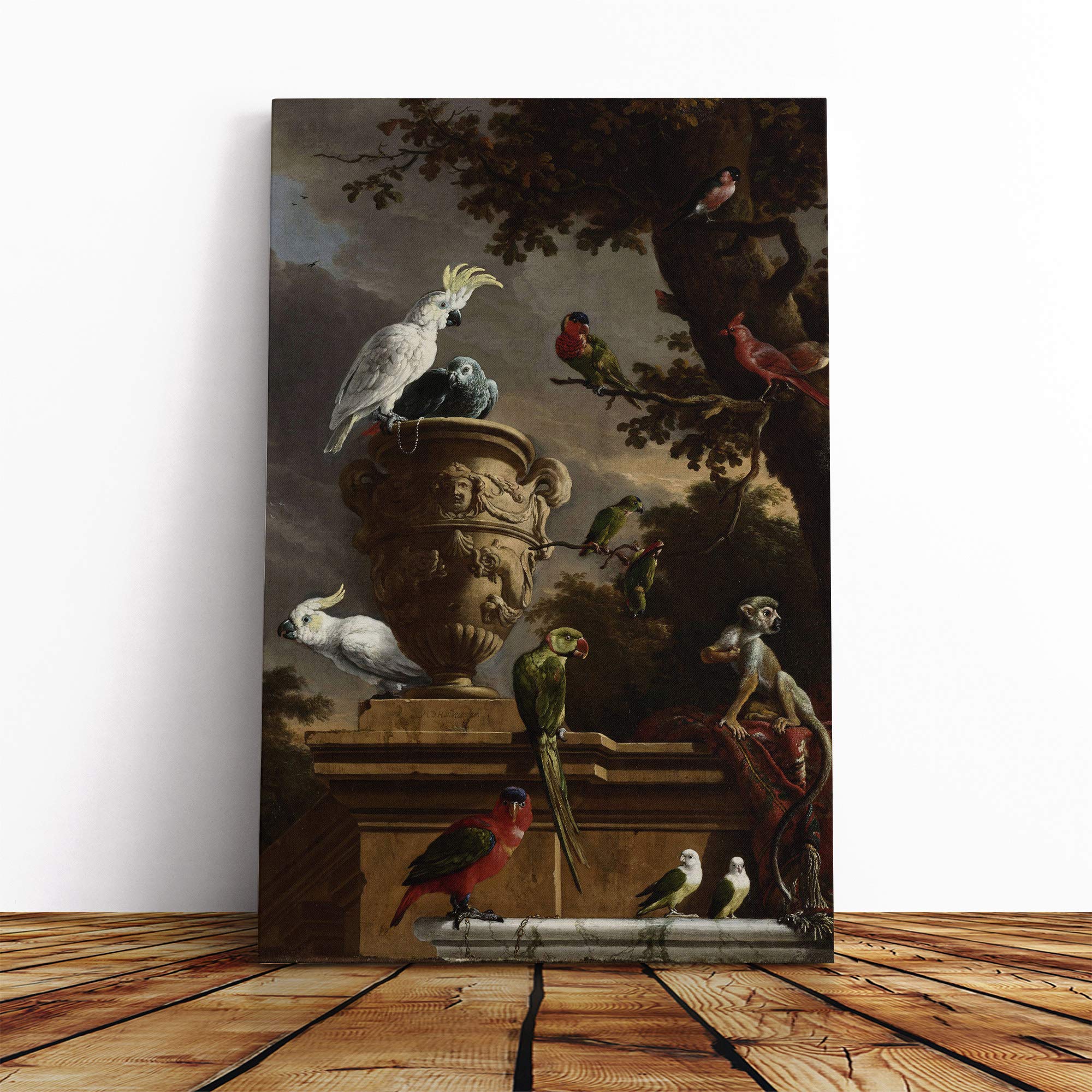 Melchior d'Hondecoeter Monkeys and Birds Canvas Print | Gallery Wrapped 30mm Frame Wall Art | 20x14 inches | Ready to Hang | Modern Bird Picture | Living Room Bedroom Lounge Office