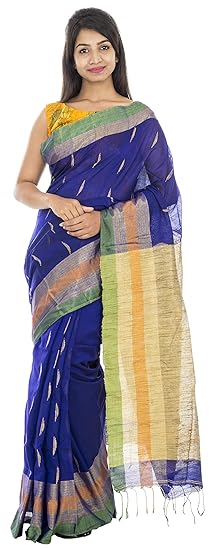 Handloom Blue Womens Cotton Saree with Blouse Piece (Free Size)