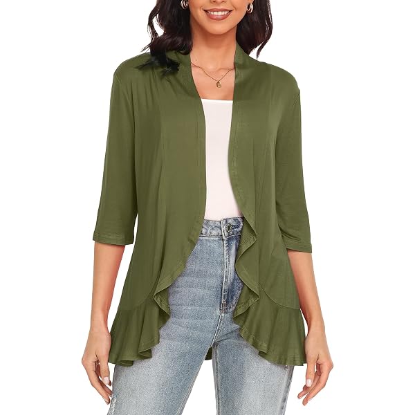 Women's Open Front Cardigan – 3/4 Sleeve, Draped Ruffles, Soft Knit Sweater For Casual Wear
