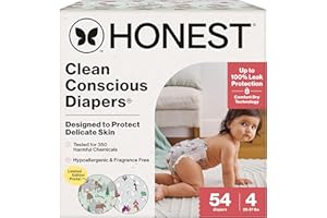 The Honest Company Clean Conscious Diapers for Delicate Skin | Up to 100% Leakproof | Hypoallergenic, Fragrance Free | Winter '25 Limited Edition Prints | Club Box, Size 4 (22-37 lbs), 54 Count